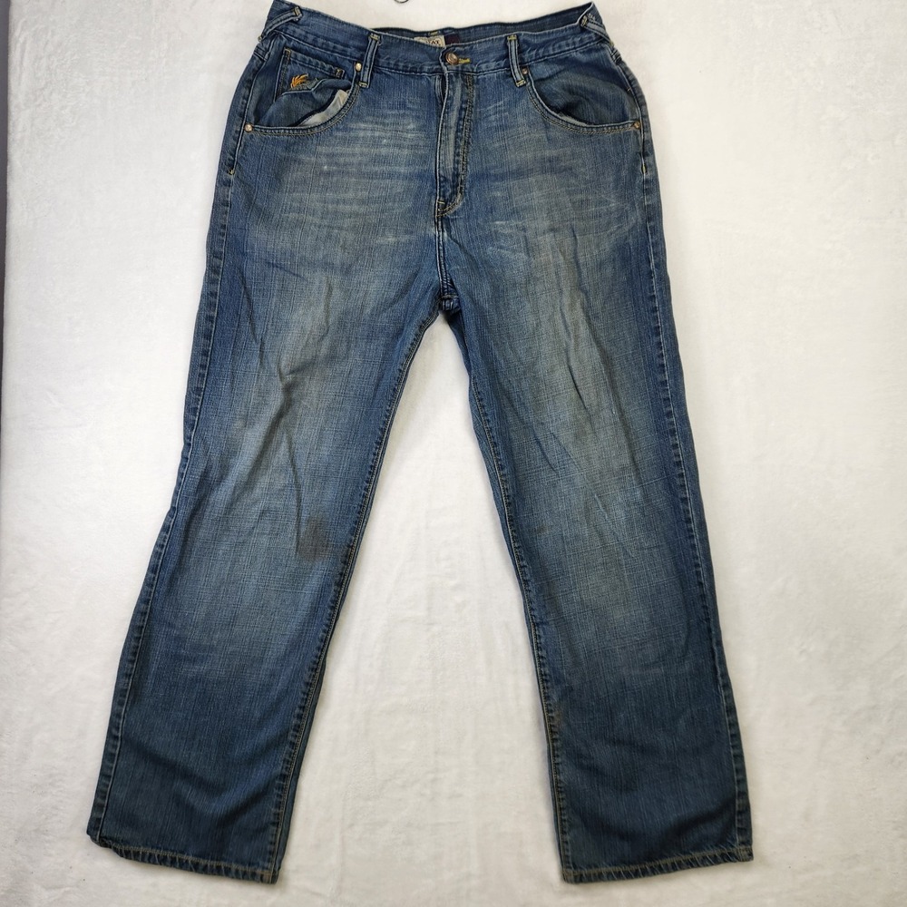 Phat Farm Jeans 36x33 Blue Distressed Denim Yellow Crest Embroidery Y2K Hip Hop‎